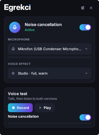 Egrekci app panel: noise cancellation on, microphone picker and voice effect